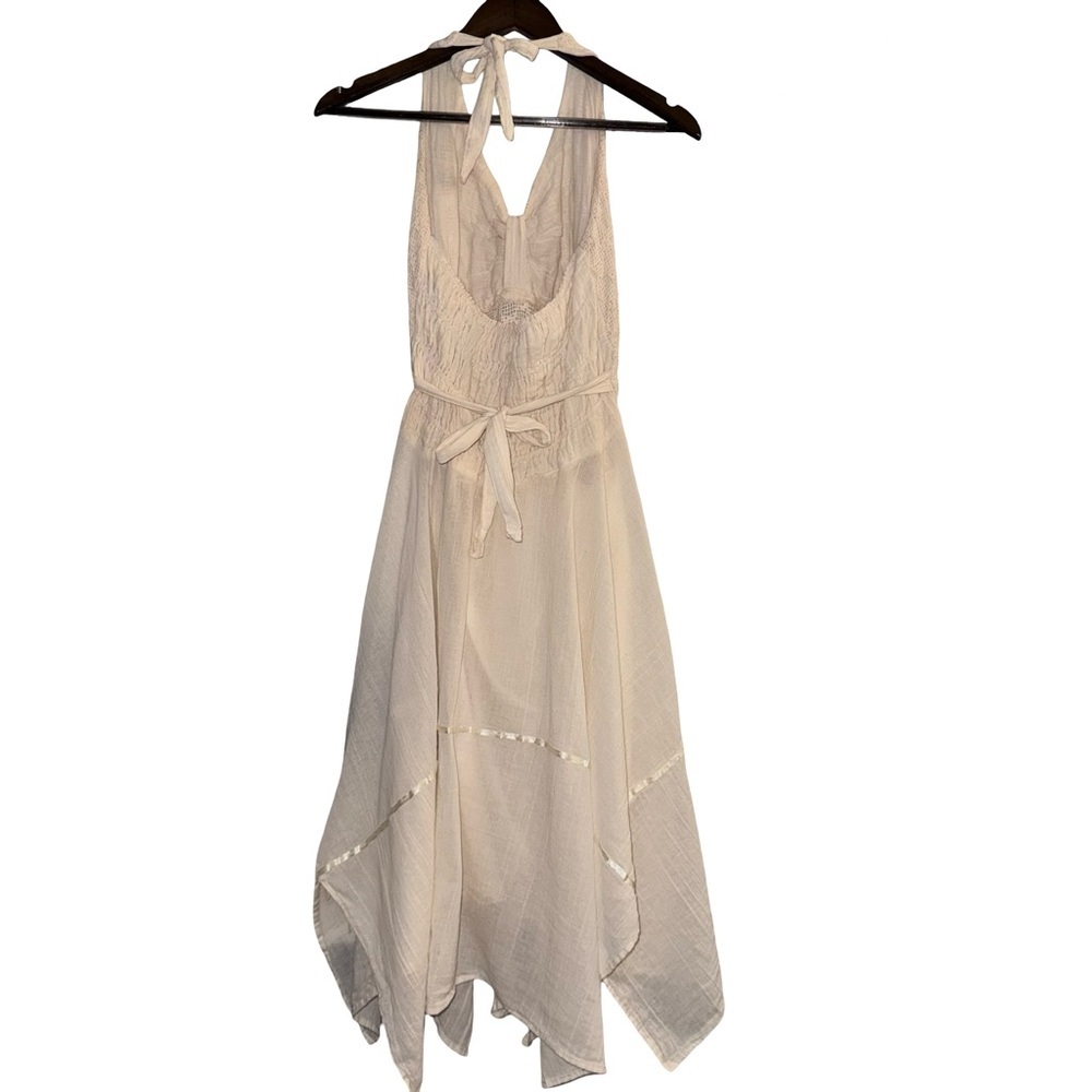 True Vintage 1970s Ivory Boho Halter Dress Crochet Lace Smocked Waist Prairie - Picture 4 of 12